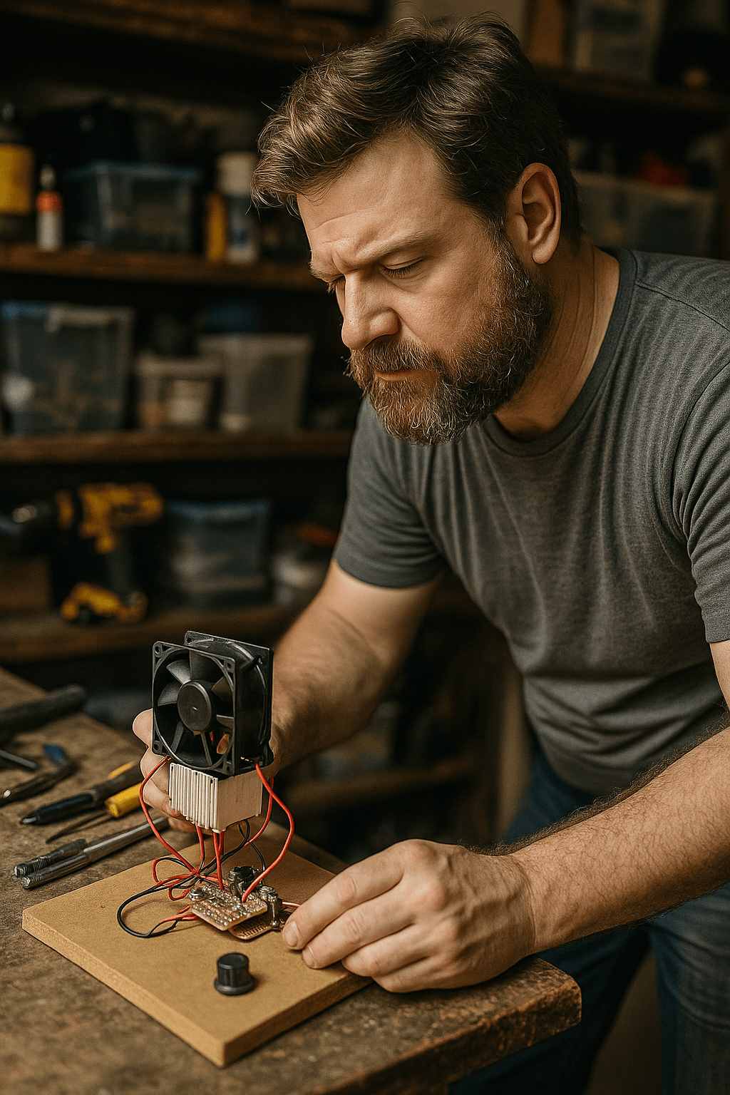 Man assembling solar components on workbench