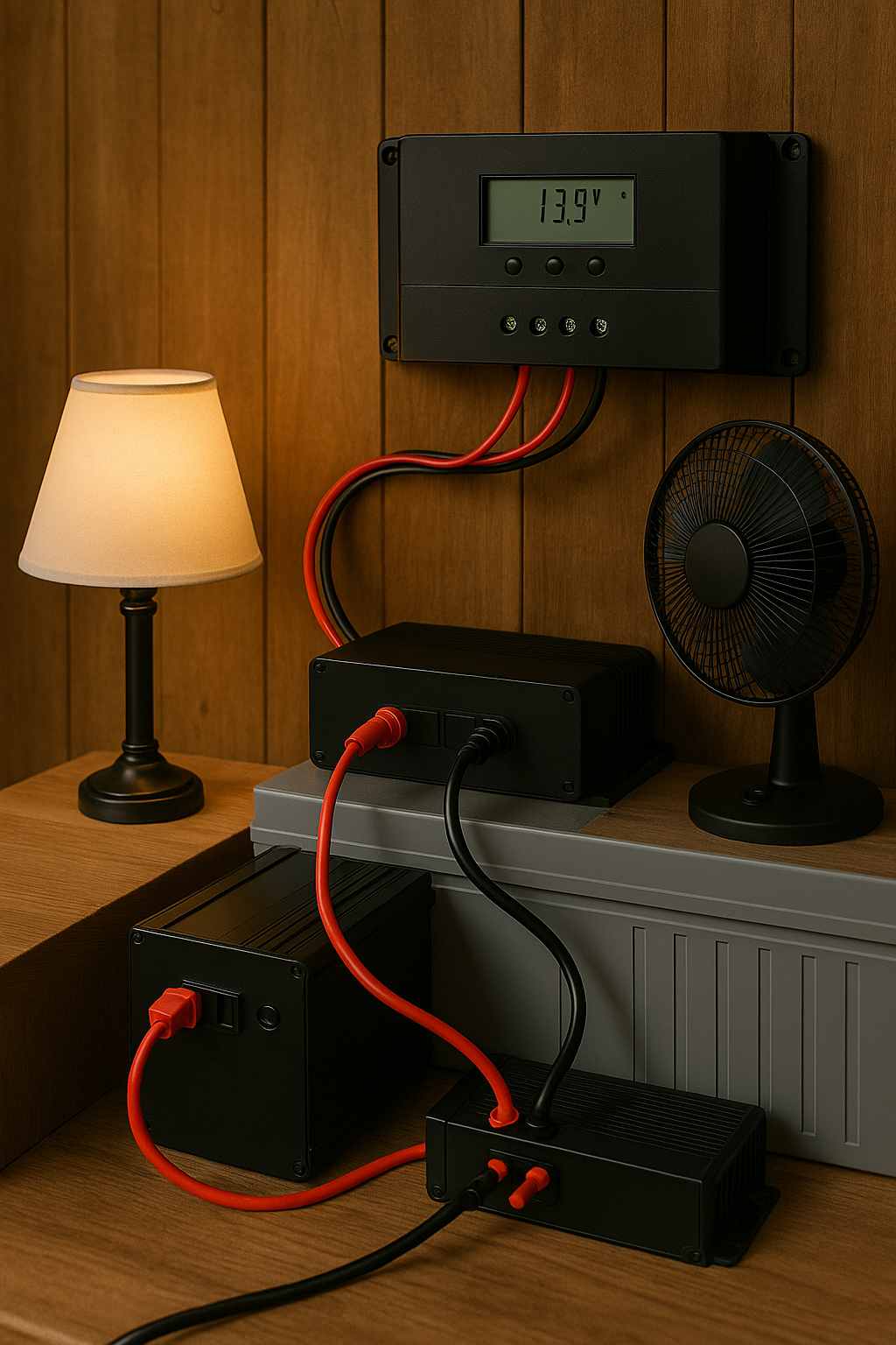 DIY solar power unit running lights and a fan